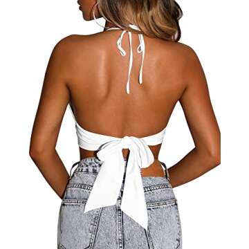 Mizoci Women's Sexy Summer Sleeveless Halter Deep V Neck Crop Top Tie Up Backless Cami,White,X-Small