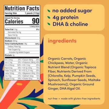 Cerebelly Organic Baby Food Pouches – 6+ Months Organic Veggie Pouches | 16 Nutrients, No Added Sugar, Non-GMO | Toddler Pouches | 4 Ounce BPA-Free Baby Pouches | Carrot Chickpea | 6 Count