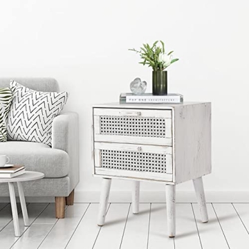 Modern Nightstand Rattan Side Table with 2 Rattan Drawers, Mid Century Modern End Table, Farmhouse E...