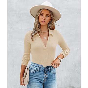 OWIN Women's Sexy V Neck Long Sleeve Tops Stretch Ribbed Leotard Collared Bodysuit Jumpsuit Beige S