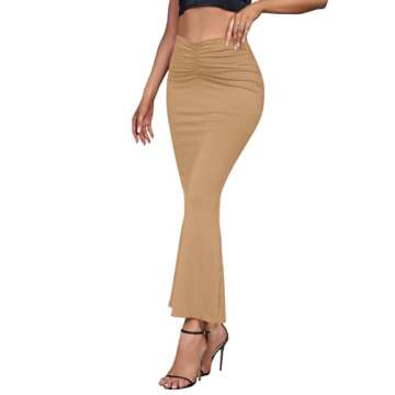 Umenlele Women's Casual High Waist Ruched Stretchy Bodycon Maxi Long Skirt Beige X-Small