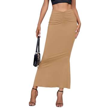 Umenlele Women's Casual High Waist Ruched Stretchy Bodycon Maxi Long Skirt Beige X-Small