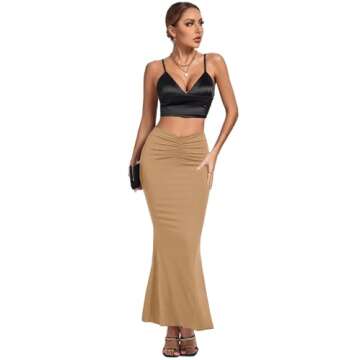 Umenlele Women's Casual High Waist Ruched Stretchy Bodycon Maxi Long Skirt Beige X-Small