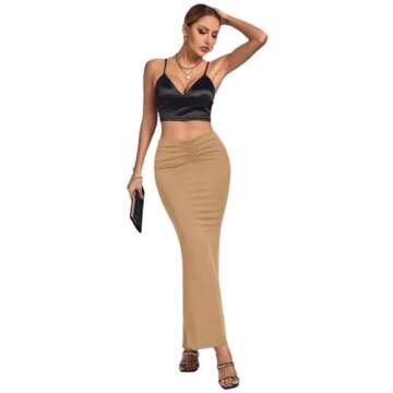 Umenlele Women's Casual High Waist Ruched Stretchy Bodycon Maxi Long Skirt Beige X-Small