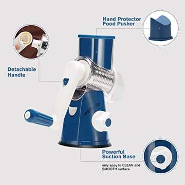 Tevokon Cheese Shredder Rotary Cheese Grater Manual Vegetable Slicer with 3 Interchangeable Stainless Steel Blades with Suction Base Cheese Grater and Cleaning Brush Dark Blue
