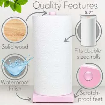 House Perfect Pink Paper Towel Holder – Wood Paper Towel Holder Stand – Great for Kitchen Counters & Bathrooms – Suits Paper Towel Rolls & Reusable Kitchen Towels…