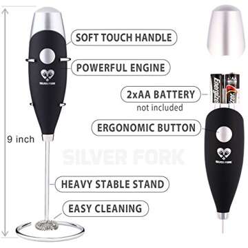 High Powered Milk Frother Barista Set - Handheld Battery Operated Foam Maker - Electric Wand Drink Mixer - Frappe Matcha Cappuccino Latte Foamer - Powder Cocoa Shaker - Coffee Decorating Art Stencils