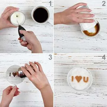 High Powered Milk Frother Barista Set - Handheld Battery Operated Foam Maker - Electric Wand Drink Mixer - Frappe Matcha Cappuccino Latte Foamer - Powder Cocoa Shaker - Coffee Decorating Art Stencils