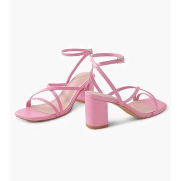 Shoe'N Tale Strappy Heels for Women Block Chunky Heels Open Square Toe Ankle Strap Buckle Sandals(6,Pink)