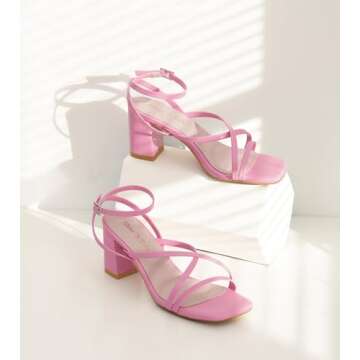 Shoe'N Tale Strappy Heels for Women Block Chunky Heels Open Square Toe Ankle Strap Buckle Sandals(6,Pink)