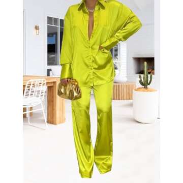 GTMRINJN Women's Satin Pajama Sets Long Sleeve Button Down Sleepwear Nightwear Soft Pjs Loungewear Fluorescent Yellow XL