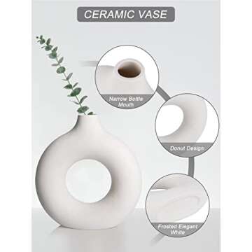 White Ceramic Donut Vases, Modern Minimalistic Circle Vase Boho Farmhouse Table Shelf Decor Pampas Dried Flowers Vase Living Room Home Decoration