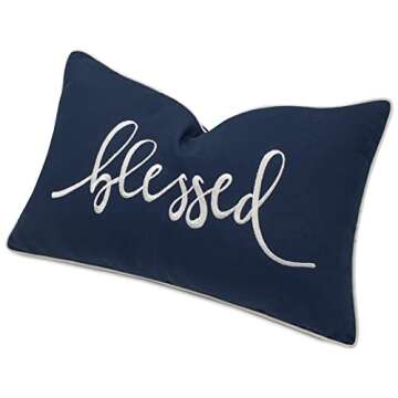 YugTex Blessed Sentiment Cotton Embroidered Decorative Lumbar Accent Throw Pillow Cover - Living Room Decor, Entryway Bench, Couch - 12x18 Inches, Navy Blue