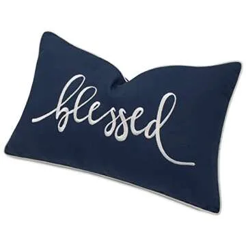 YugTex Blessed Sentiment Cotton Embroidered Decorative Lumbar Accent Throw Pillow Cover - Living Room Decor, Entryway Bench, Couch - 12x18 Inches, Navy Blue