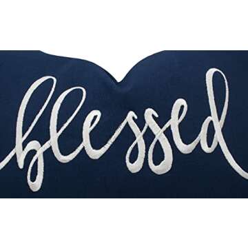 YugTex Blessed Sentiment Cotton Embroidered Decorative Lumbar Accent Throw Pillow Cover - Living Room Decor, Entryway Bench, Couch - 12x18 Inches, Navy Blue