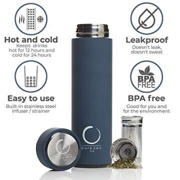Pure Zen Tea Thermos with Infuser for Tea, Coffee and Fruit-Infused Water - Stainless Steel - Tea Infuser Bottle - Leakproof Travel Mug with Filter - 15oz - Blue
