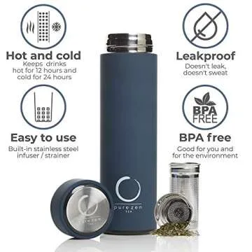 Pure Zen Tea Thermos with Infuser for Tea, Coffee and Fruit-Infused Water - Stainless Steel - Tea Infuser Bottle - Leakproof Travel Mug with Filter - 15oz - Blue