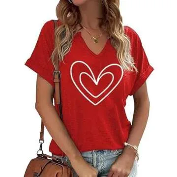 Cute V-Neck Love Heart T-Shirts for Women Casual Spring Tops Gifts