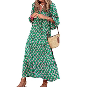Women's Summer Casual Maxi Dress Bohemian Floral V Neck Puff Short Sleeve Beach Tiered Sundress Long...