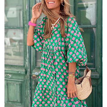 Women's Summer Casual Maxi Dress Bohemian Floral V Neck Puff Short Sleeve Beach Tiered Sundress Long Swing Dress