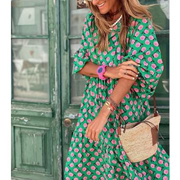 Women's Summer Casual Maxi Dress Bohemian Floral V Neck Puff Short Sleeve Beach Tiered Sundress Long Swing Dress