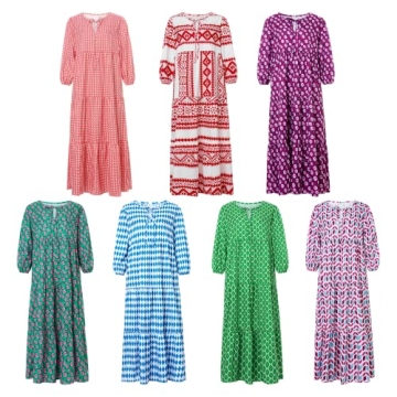 Women's Summer Casual Maxi Dress Bohemian Floral V Neck Puff Short Sleeve Beach Tiered Sundress Long Swing Dress