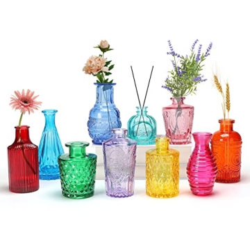 Colored Glass Bud Vase Set of 10 - Small Vases for Flowers Vintage Styles Small Flower Vases for Dec...