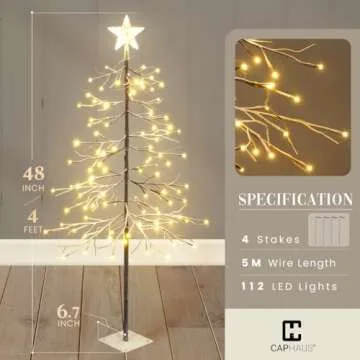 CAPHAUS 4 Feet, 48 inch Full Artificial Lighted Flocked Christmas Tree w/ 122 LED Lights, Twinkling Bare Branch Tree w/Warm White Light, Star Tree Top for Festival, Holiday Decoration Indoor