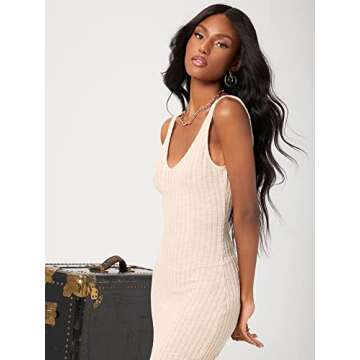 Floerns Women's Sexy Bodycon Tank Dress Ribbed Knit V Neck Sleeveless Midi Club Party Dresses Beige