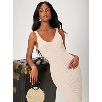 Floerns Women's Sexy Bodycon Tank Dress Ribbed Knit V Neck Sleeveless Midi Club Party Dresses Beige