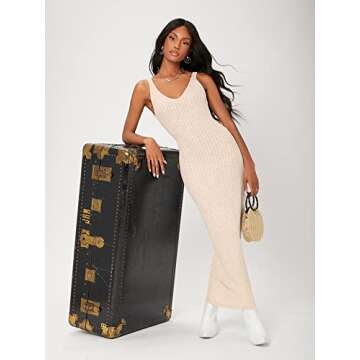 Floerns Women's Sexy Bodycon Tank Dress Ribbed Knit V Neck Sleeveless Midi Club Party Dresses Beige