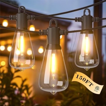 Kawaya Outdoor Lights String LED Patio Lights: 150FT Waterproof Commercial Grade Vintage String Ligh...