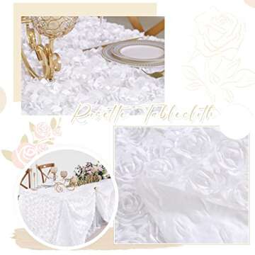 Fanqisi White 3D Floral Satin Raised Rosettes Tablecloth Rectangular 90x132 Inches Rosette Tablecloth for Wedding Baby Shower Table Bridal Shower Meeting Events Decoration