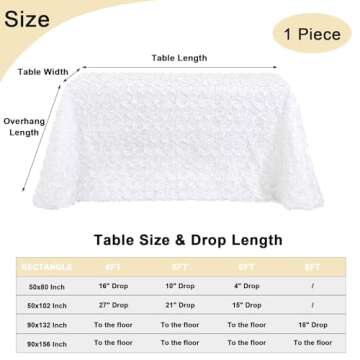 Fanqisi White 3D Floral Satin Raised Rosettes Tablecloth Rectangular 90x132 Inches Rosette Tablecloth for Wedding Baby Shower Table Bridal Shower Meeting Events Decoration