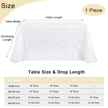 Fanqisi White 3D Floral Satin Raised Rosettes Tablecloth Rectangular 90x132 Inches Rosette Tablecloth for Wedding Baby Shower Table Bridal Shower Meeting Events Decoration