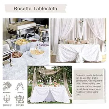 Fanqisi White 3D Floral Satin Raised Rosettes Tablecloth Rectangular 90x132 Inches Rosette Tablecloth for Wedding Baby Shower Table Bridal Shower Meeting Events Decoration