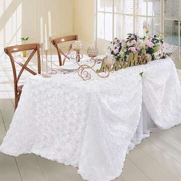 Fanqisi White 3D Floral Satin Raised Rosettes Tablecloth Rectangular 90x132 Inches Rosette Tablecloth for Wedding Baby Shower Table Bridal Shower Meeting Events Decoration