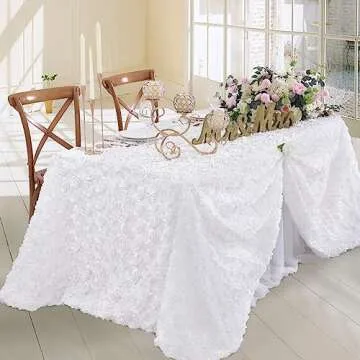 Fanqisi White 3D Floral Satin Raised Rosettes Tablecloth Rectangular 90x132 Inches Rosette Tablecloth for Wedding Baby Shower Table Bridal Shower Meeting Events Decoration