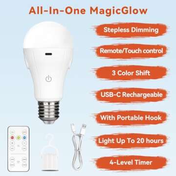 Neporal MagicGlow Rechargeable Light Bulbs with Remote, 3 Colors Shift + Dimmable Battery Powered Light Bulbs, USB Rechargeable, A19 Emergency LED Light Bulbs, 15W, Up to 24 Hours, 1 Pack