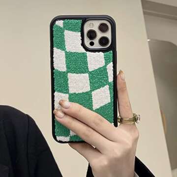 Tewwsdi Green Checkered Phone Case Compatible for iPhone 13 Pro Max 6.7 inch Checkerboard Chessboard Slim Soft TPU Bumper +Terry Velvet Fluffy Warm Material Protective Cover(Green Checkers)