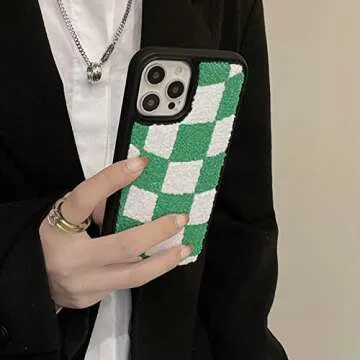 Tewwsdi Green Checkered Phone Case Compatible for iPhone 13 Pro Max 6.7 inch Checkerboard Chessboard Slim Soft TPU Bumper +Terry Velvet Fluffy Warm Material Protective Cover(Green Checkers)