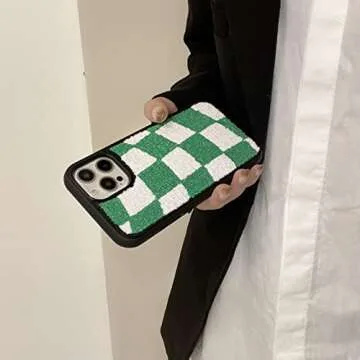 Tewwsdi Green Checkered Phone Case Compatible for iPhone 13 Pro Max 6.7 inch Checkerboard Chessboard Slim Soft TPU Bumper +Terry Velvet Fluffy Warm Material Protective Cover(Green Checkers)