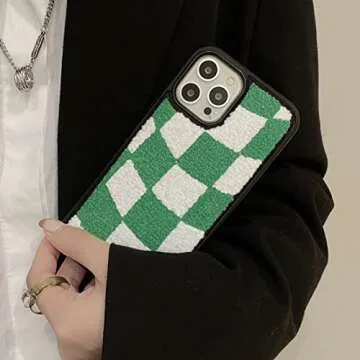 Tewwsdi Green Checkered Phone Case Compatible for iPhone 13 Pro Max 6.7 inch Checkerboard Chessboard Slim Soft TPU Bumper +Terry Velvet Fluffy Warm Material Protective Cover(Green Checkers)
