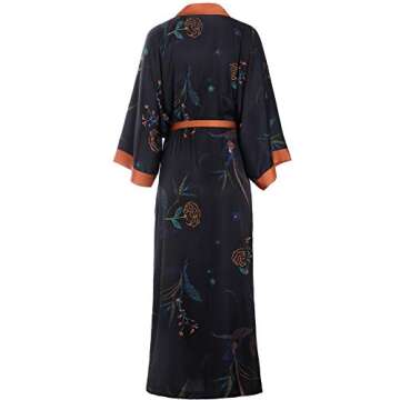 Aensso Long Soft Silk Kimono Robe for Women - Elegant Black Floral Design