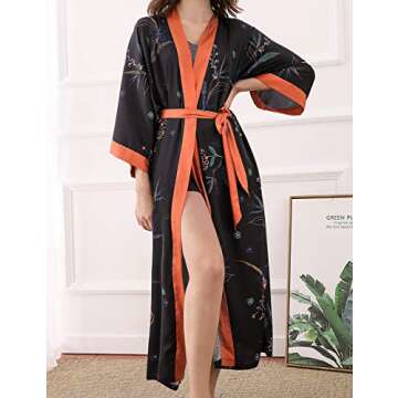 Aensso Lightweight Black Floral Kimono Robe for Women