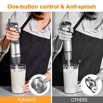 FUNAVO.vo Immersion Blender, 800W 5-in-1 Hand Blender 12 Speed 304 Stainless Steel Stick Blender with Turbo Mode, 600ml Beaker, 500ml Chopping Bowl, Whisk, Milk Frother, BPA-Free(Grey)