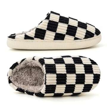 kissxiaoya Unisex House Slippers, Plaid Scuff Slides, Womens Cozy Memory Foam Slipper, Slip on Warm Checkered Shoes Indoor Outdoor with Anti-slip sole (Black, 5-6)