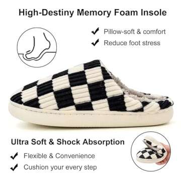 kissxiaoya Unisex House Slippers, Plaid Scuff Slides, Womens Cozy Memory Foam Slipper, Slip on Warm Checkered Shoes Indoor Outdoor with Anti-slip sole (Black, 5-6)