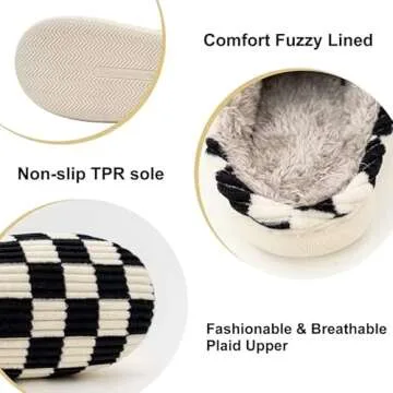 kissxiaoya Unisex House Slippers, Plaid Scuff Slides, Womens Cozy Memory Foam Slipper, Slip on Warm Checkered Shoes Indoor Outdoor with Anti-slip sole (Black, 5-6)