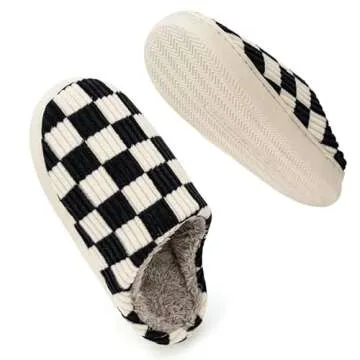 kissxiaoya Unisex House Slippers, Plaid Scuff Slides, Womens Cozy Memory Foam Slipper, Slip on Warm Checkered Shoes Indoor Outdoor with Anti-slip sole (Black, 5-6)